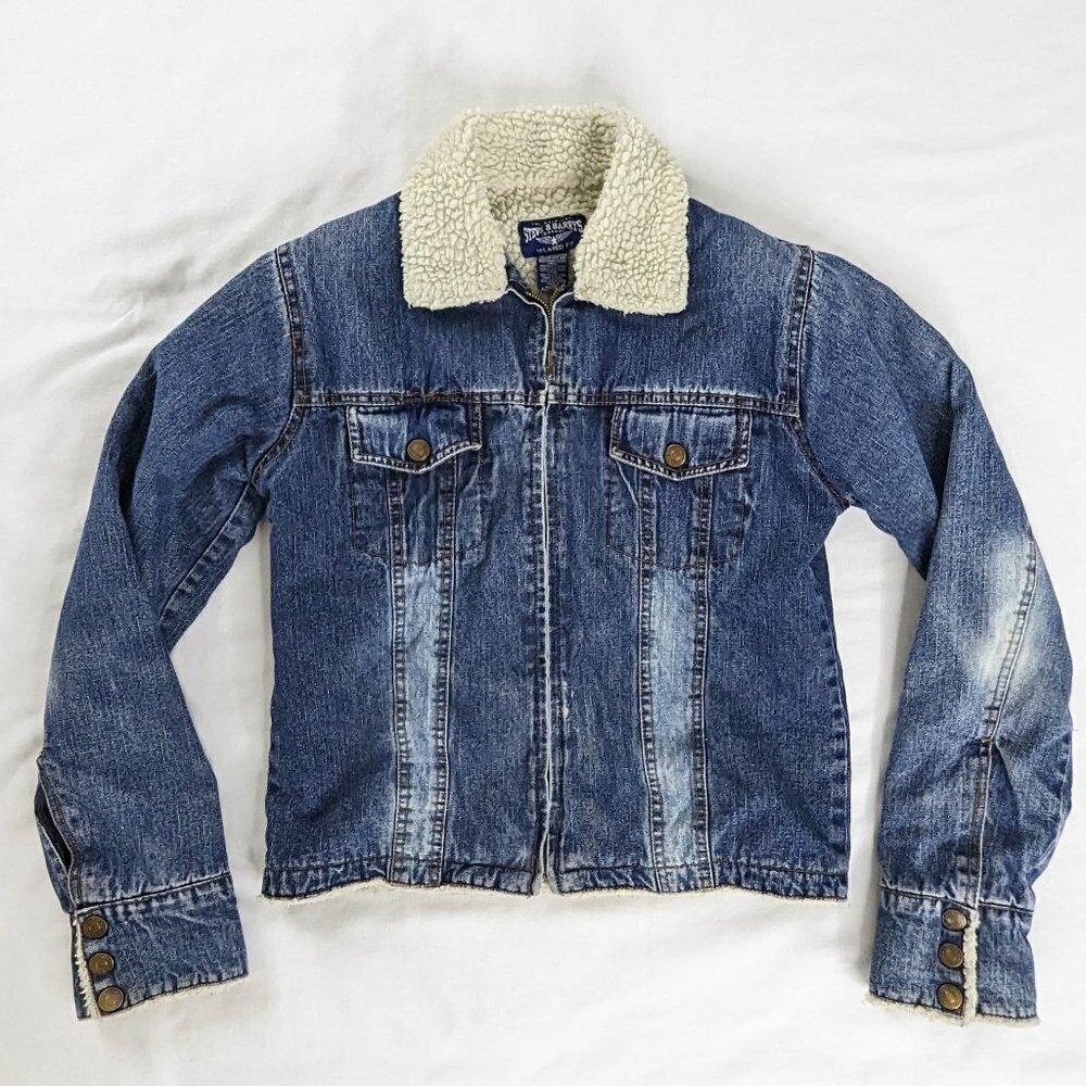 Y2k Denim Sherpa Lined Zip Up Bleached Detail Trucker Jacket Gimore Girls